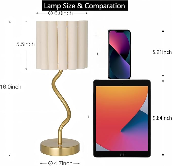 Cordless Scalloped Table lamp, Modern Brass Lamp for Bedside Restaurant Dining Table, 5200-mAh Rechargeable Battery, 3-Level Brightness Dimmable, Build-in Integrated LED 320 Lumen Max