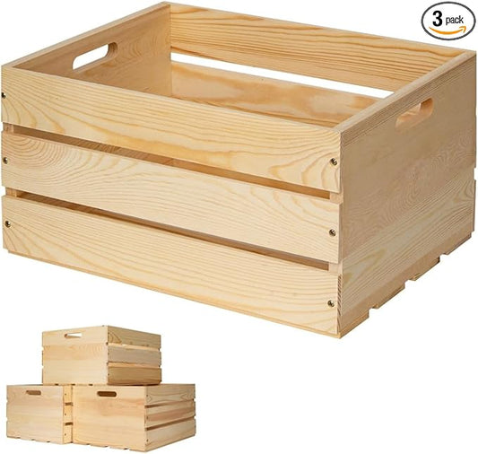 3 Pieces Large Pine Wood Crates For Storage, Unfinished Natural Wooden Crates, 17" x 13" x 8.9" Each, Holds Up to 50 Pounds