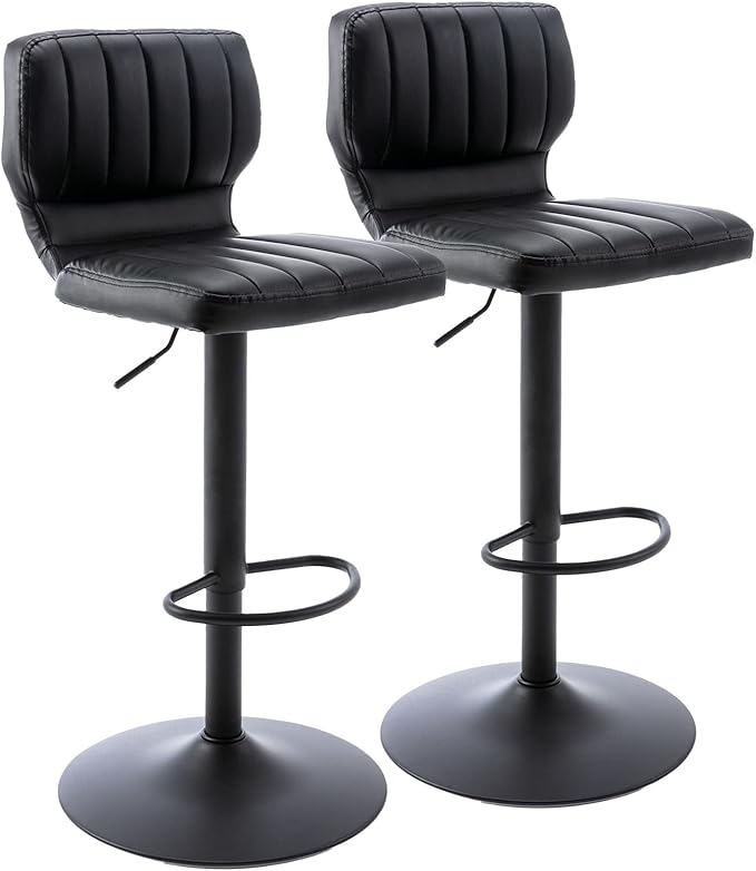 Brage Living Adjustable Bar Stools Set of 2, Modern PU Leather Swivel Barstools with Back, Armless Airlift Counter Height Bar Chairs for Kitchen Dining Pub Cafe (Black, Black Base)