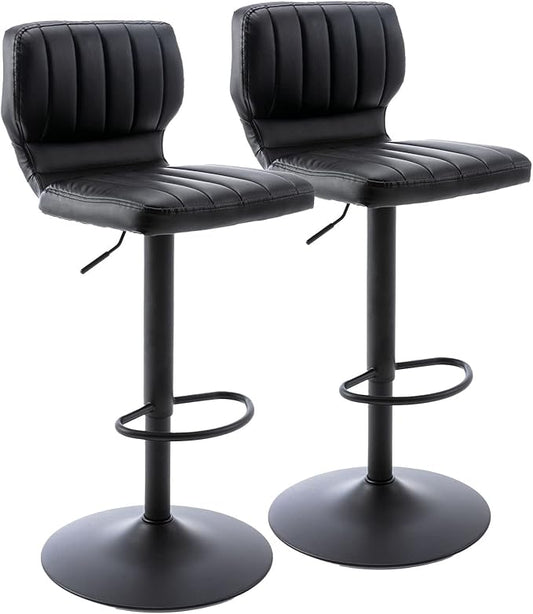 Brage Living Adjustable Bar Stools Set of 2, Modern PU Leather Swivel Barstools with Back, Armless Airlift Counter Height Bar Chairs for Kitchen Dining Pub Cafe (Black, Black Base)