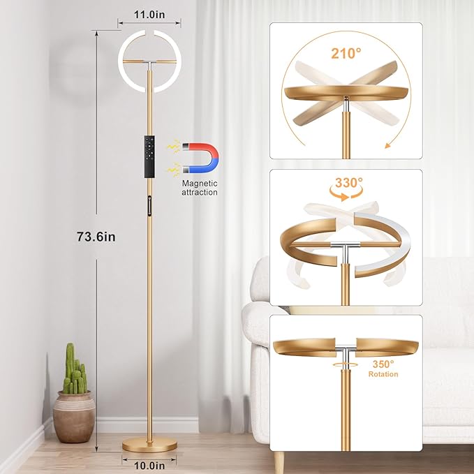 PreeOtti Floor Lamps for Living Room, 40W/2400LM LED Gold Floor Lamp with Touch & Remote Control, 70" Tall Standing Lamp Stepless Dimmable, Modern Torchiere Corner Lamp for Bedroom, Office- Gold