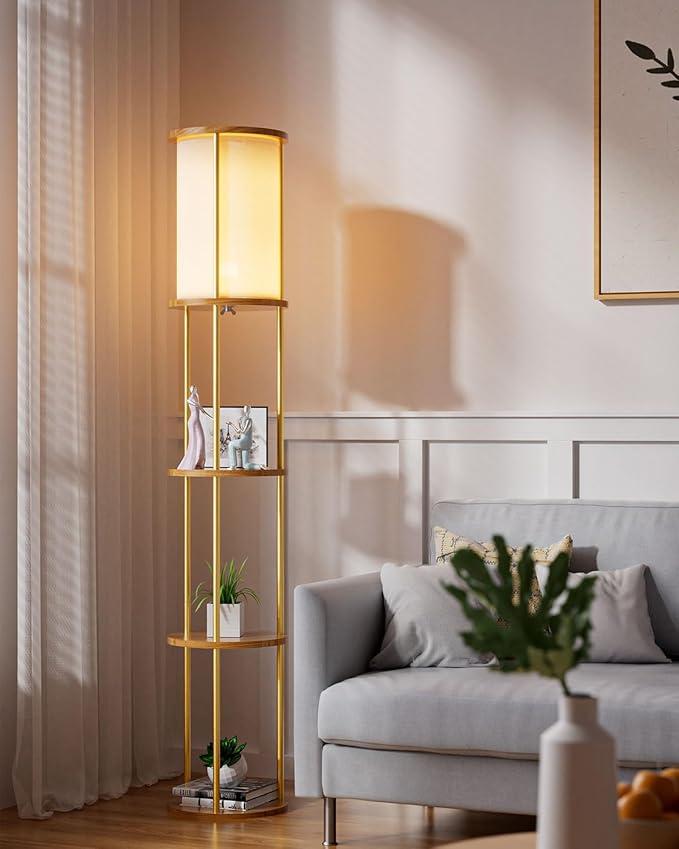 ACOHOOK 61" Floor Lamp with Shelves, Modern Gold Floor Lamp with Fabric Lampshade and 3- Tier Storage Table Attached, 35lb Capacity Solid Wood, Corner Bookshelf Lamps for Living Room, Bedroom, Office