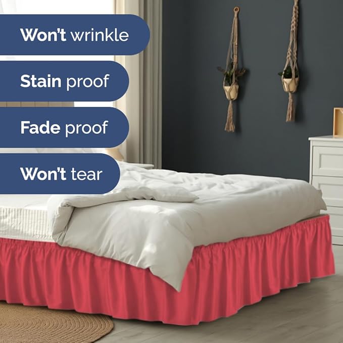 Wrap Around Dust Ruffle Bed Skirt - Red - for Queen Size Beds with 18 Inch Drop - Easy Fit Elastic Strap - Adjustable Pleated Bedskirt w/Brushed Fabric - Wrinkle Free - for Women, Men, Kids & Teens