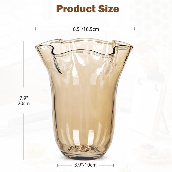 8 inch Amber Glass Vases Large Flower Vases for Centerpiece, Crystal Vases for Flowers Wide Mouth Vase for Home Office Living Room Shelf Wedding Decor (Ionic Light Amber)