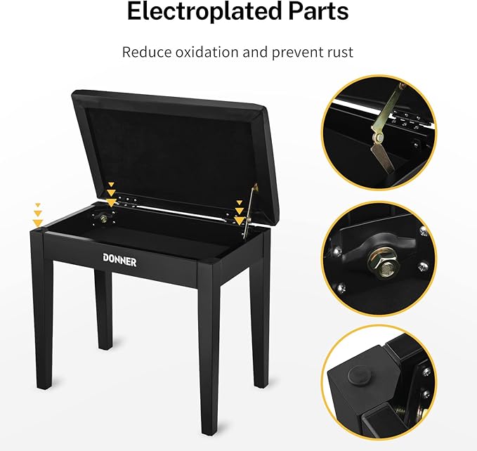 Donner Piano Bench with Storage, Solid Wood Keyboard Bench Piano Bookcase Stool Chair Seat with High-Density Sponges Pad, Black