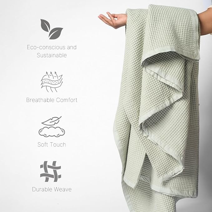 9Threads GOTS Certified Organic Cotton Waffle Weave Blanket, Throw Bed Size, 50"X60"Cozy Throw Blanket for Couch, Modern Home Decor, Throw Blankets,Comfy Waffle Blanket Soft Bed Blankets -Sea Foam