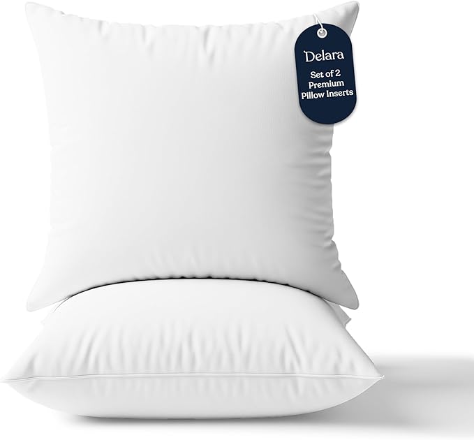Delara Throw Pillow Inserts 24x24 Set of 2 - Organic Cotton Shell, 7D Recycled Down Alternative Fill, Decorative Lumbar Pillow Insert for Couch, Bed & Sofa - 1150 GSM, Fluffy & Supportive