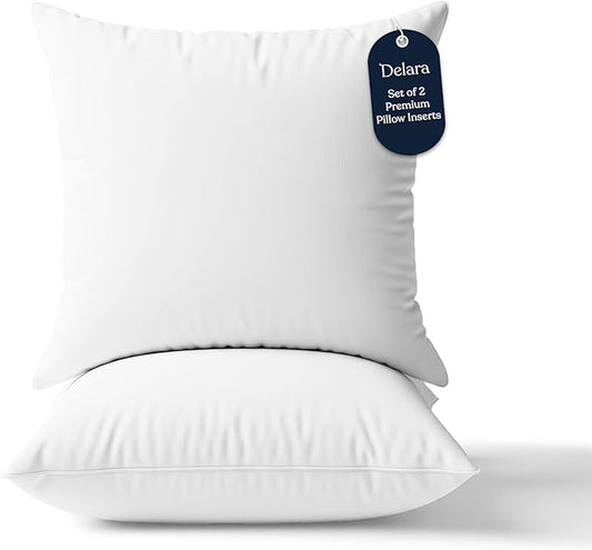 Delara Throw Pillow Inserts 20x20 Set of 2 - Organic Cotton Shell, 7D Recycled Down Alternative Fill, Decorative Lumbar Pillow Insert for Couch, Bed & Sofa - 800 GSM, Fluffy & Supportive