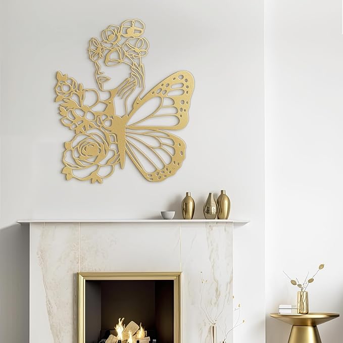 SIGNLEADER Metal Wall Art Decor Woman with butterfly Wings Minimalist Modern Abstract Wall Sculpture Hangings Home Decoration for Living Room, Bedroom, Bathroom, Kitchen, Outdoor - 18" Gold