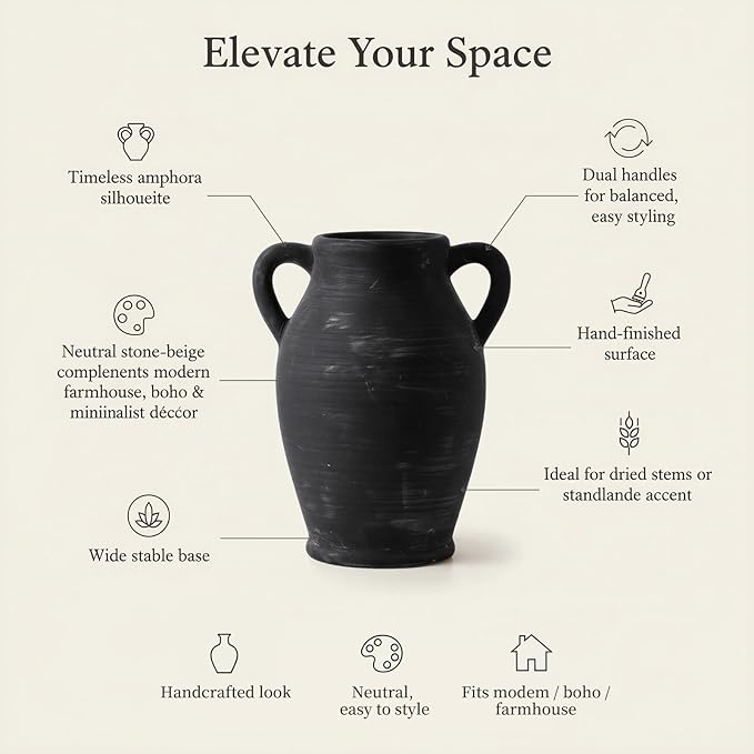 8.1-Inch Ceramic Flower Vase with Handles – Small Black Rustic Farmhouse & Boho Pottery Vase for Table, Shelf, Living Room Decor
