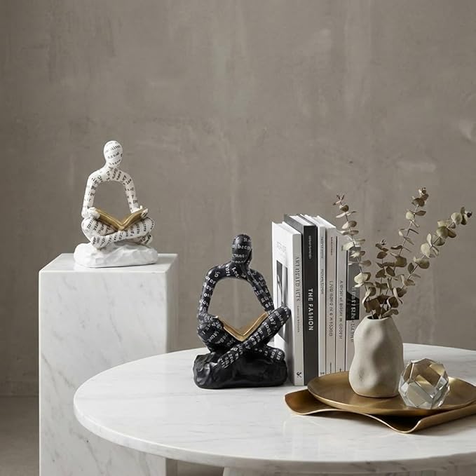 Heavy Duty Book Ends for Shelves, Thinker Decorative Bookends for Heavy Books, Book Stoppers to Hold Books, Weighted Black and White Bookends Set of 2, Non Slip Pads, Bookshelf Accessories