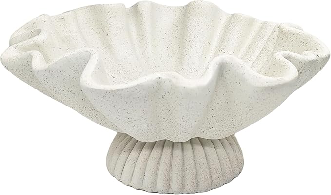 Scalloped Ruffle Decorative Bowl for Home Decor - Large Resin Pedestal Bowl - 10" Key and Purse Bowls for Entryway Table, Artificial Coastal Decor Light Beige