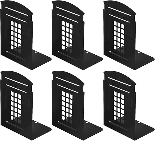 MerryNine 6 Pack Book Ends, Metal Bookends for Shelves, Telephone Booth Decorative Bookends, Non Skid Heavy Bookends, Book, Magazine or CD Organizers for Home and Office (Black-6pcs)