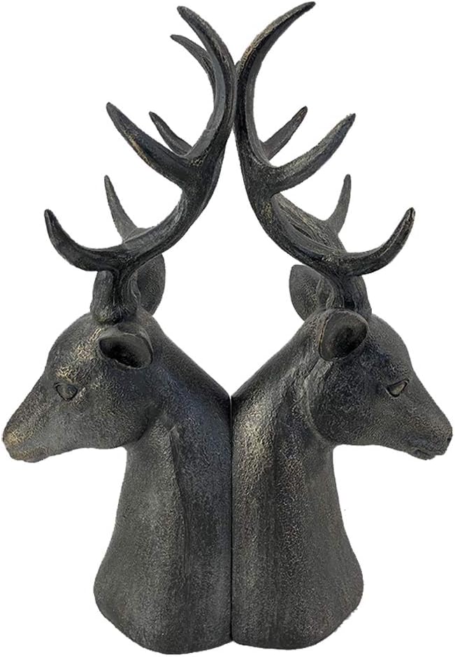 Comfy Hour 15" Tall Deer Head Decorative Bookends, Unique Antique Bronze Stag Buck Statues for Shelves, Heavy Duty Resin Animal Book Ends for Heavy Books, Rustic Lodge Cabin Decor, 1 Pair