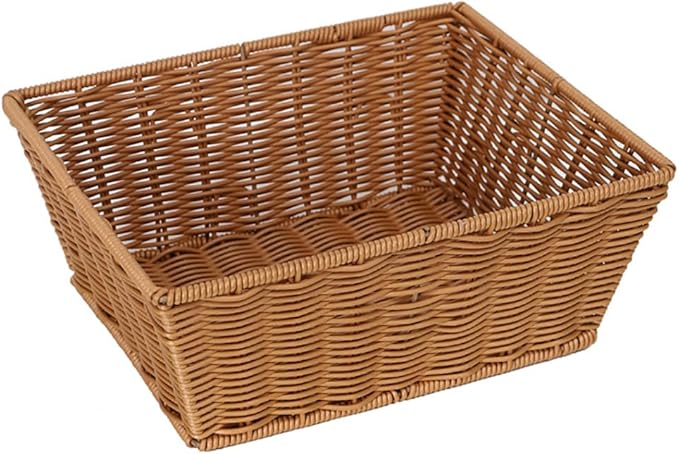 12" Poly Wicker Bread Basket, Hand Woven Food Storage Room Organizer, Fruits, Vegetables and Snacks Tabletop Food Serving Basket, Restaurant, Hotel Service, Brown (11.9x8x5.9)