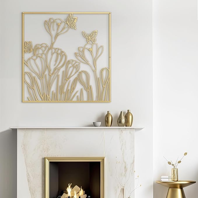 SIGNLEADER Metal Wall Art Decor Butterflies and Wildflowers Minimalist Modern Abstract Wall Sculpture Hangings Home Decoration for Living Room, Bedroom, Bathroom, Kitchen, Outdoor - 18" Gold