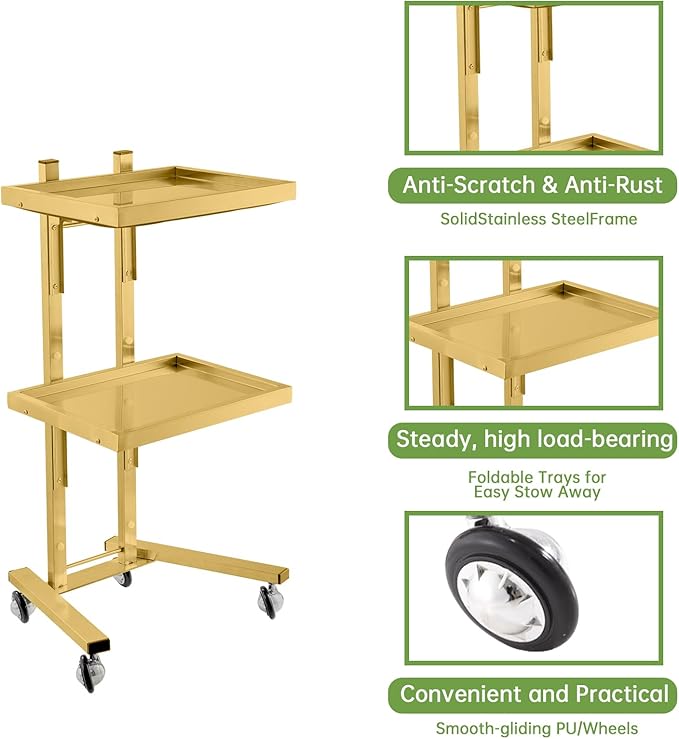 2-Tray Metal Rolling Cart, Stainless Steel Salon Tray Trolley, Foldable Utility Carts Quiet Lockable Wheels, Salon Trolley for Beauty Spa Esthetician dentals Tools, Cavitation Machine, Gold