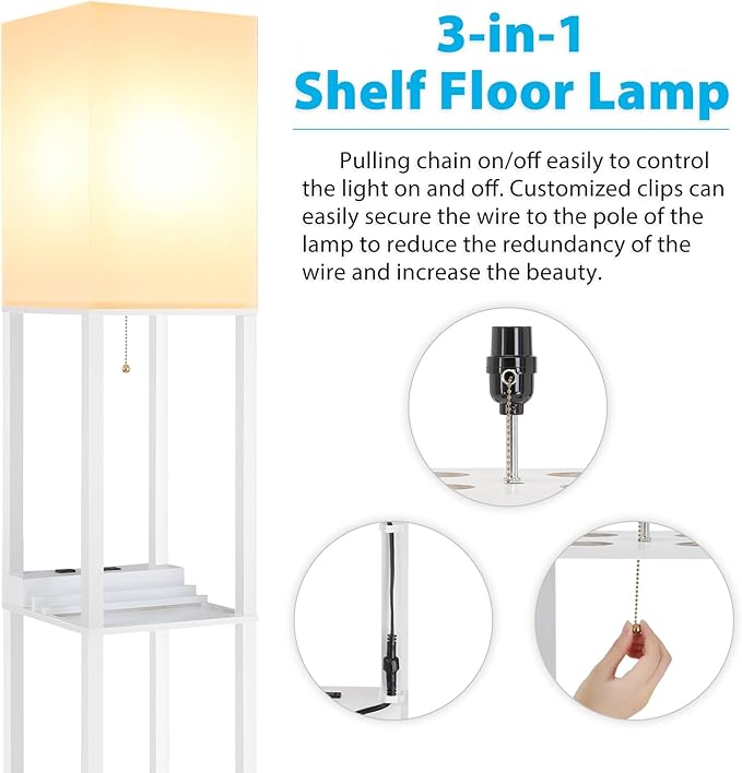 SHINE HAI Shelf Lamp, Modern Standing Lights with 1 USB Port and 1 Type C Port and 1 Power Outlet, 3-Tiered Display Floor Lamps with Shelves for Living Room, Bedroom, Office - White