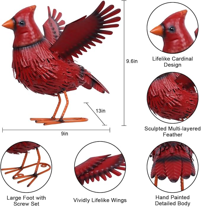 hogardeck Cardinal Garden Decor Outdoor Statues, Large Metal Red Bird Standing Yard Art, Lawn Sculptures Ornaments for Outside Patio Backyard, Holiday Sympathy Gifts for Grandma Mom