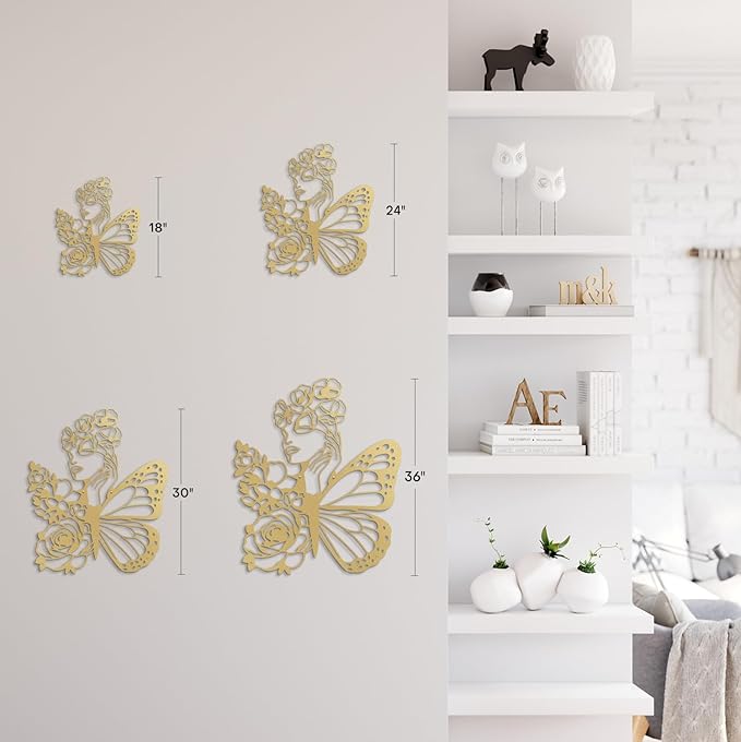 SIGNLEADER Metal Wall Art Decor Woman with butterfly Wings Minimalist Modern Abstract Wall Sculpture Hangings Home Decoration for Living Room, Bedroom, Bathroom, Kitchen, Outdoor - 18" Gold