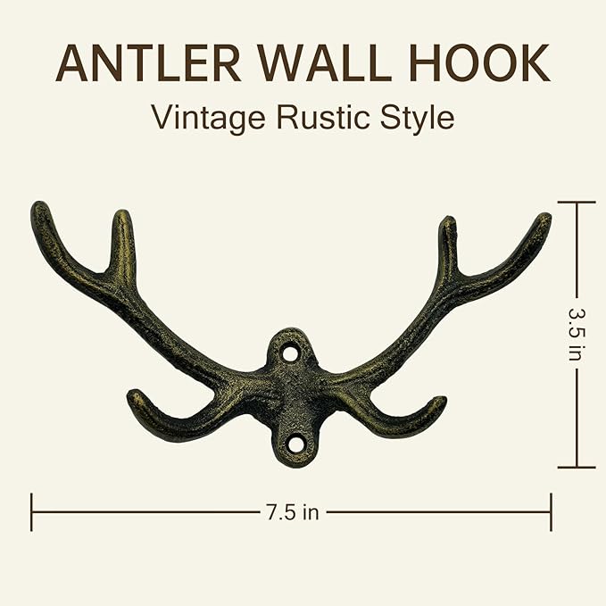Cast Iron Antler Wall Hook – Rustic Deer Antlers Coat & Key Hook for Wall, Heavy-Duty Cast Iron Hook, Farmhouse Décor, Bronze Finish, 1 Pack