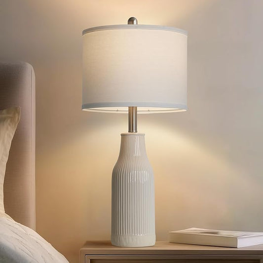 24.5" Modern Ceramic Table Lamp for Nightstand, Farmhouse Bedside Lamp for Bedroom, Small Table Lamp for Living Room End Table, Beige (1 Pack)