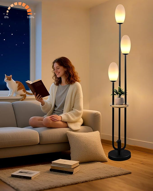 ACOHOOK Black Dimmable Floor Lamp with Table, Unique Candle Holder Style Tall Standing Lamps with 3000K G9 Bulbs for Reading, Mid Century Modern Floor Lamp for Living Room Bedroom Office