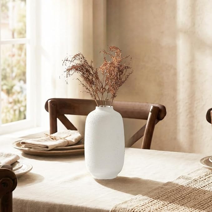 White Ceramic Vase, Textured Rustic Farmhouse Decorative Vase for Centerpieces, 10.8" Off-White Large Flower Vase for Home Decor