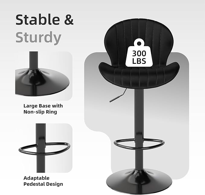 Youhauchair Modern Bar Stools Set of 2, Velvet Height Adjustable Swivel Barstools, Armless Kitchen Island Counter Chairs with Back & Footrest, Black