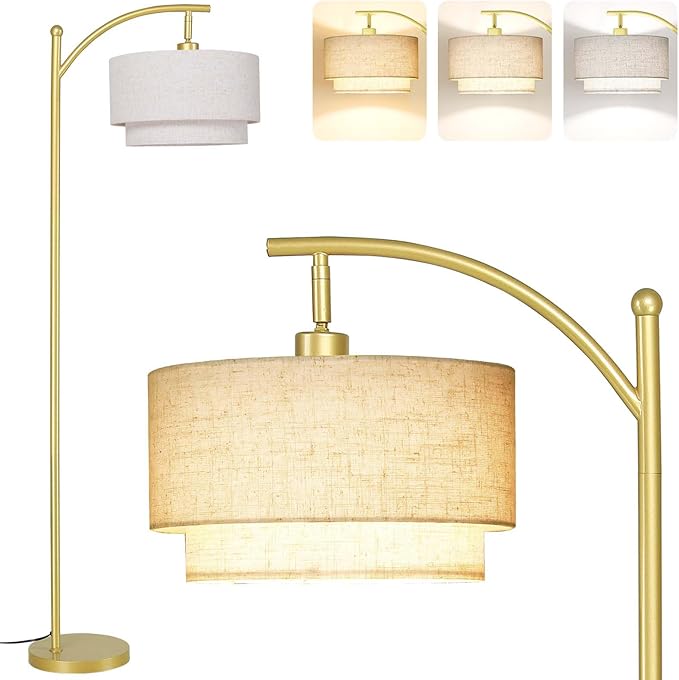 SUNMORY Floor Lamps for Living Room with 12W LED Bulb, Arc Floor Lamp with 3 Color Temperatures, Modern Floor Lamps with Adjustable Double Fabric Shades, Tall Standing Lamp for Bedroom, Corner