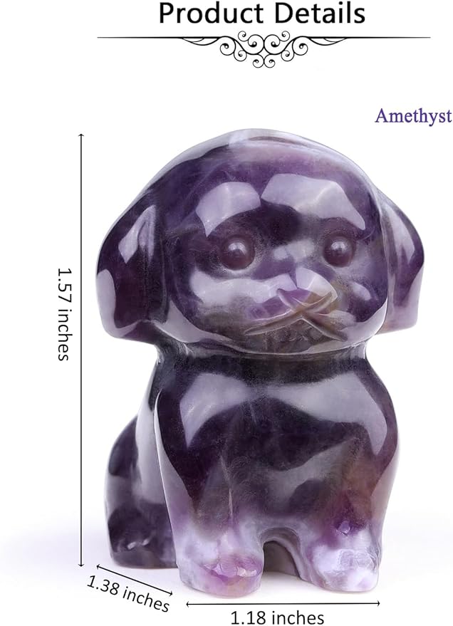 Jovivi Natural Amethyst Crystal Sitting Dog Statue Home Decor 1.6" Carved Gemstone Puppy Dog Figurines Pocket Sculpture Reiki Healing Stones Decorative Ornament Gift