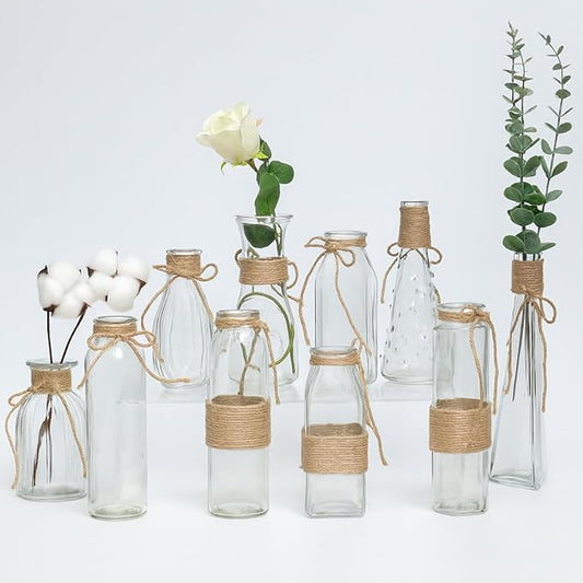 10Pcs Small Glass Vases Set - Clear Mini Bud Vases with Twine Ropes, Vintage Farmhouse Style for Flower Arrangements, Centerpieces, Wedding, Home and Table Decor
