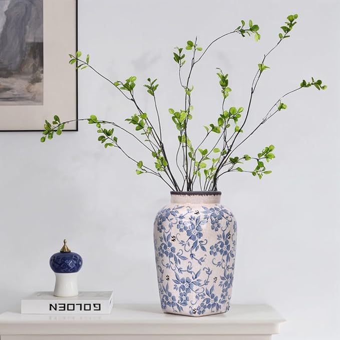 Blue and White Vintage Vase - 9.7 Inchs Chinoiserie Decor Crackle Finish Floral Vase, Rustic Farmhouse Decorative Vases for Table, Living Room, Bathroom, Shelf Decor, Mantel, Centerpieces