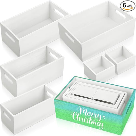 Set of 6 Wood Storage Boxes with Handles Wooden Nesting Crates Rustic Farmhouse Storage Container for DIY Crafts Party Home Table Decoration Display(White)