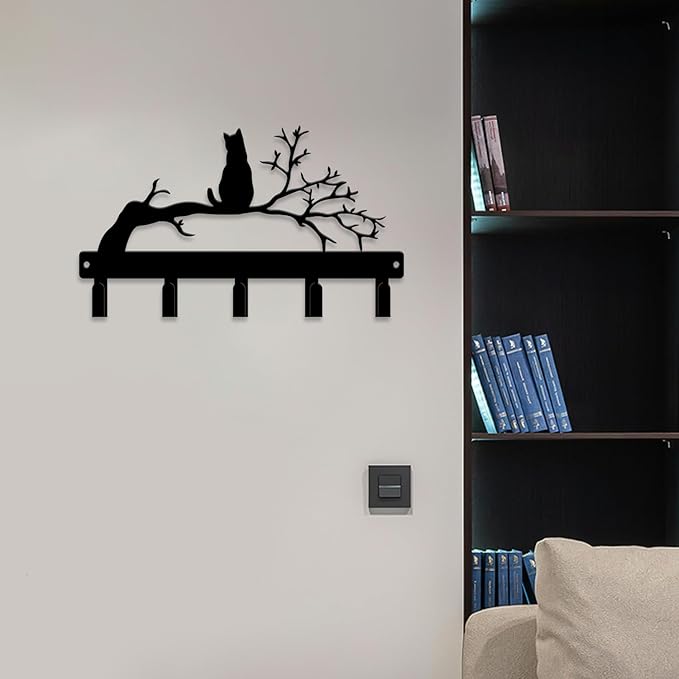 magilab Cat-Themed 10-Inch Iron Key Hooks with 5 Hooks, Black Wall Organizer - Cute Cat Design for Home Decor, No Drill & Screw-in Options (Style J)
