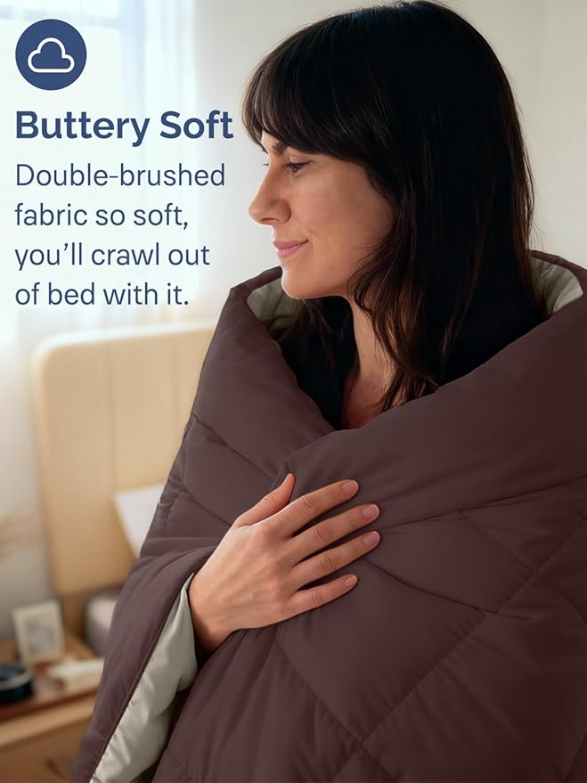 Queen Size, Brown & Beige Reversible Alternative Down Comforter - Warm Lightweight - Breathable Hotel Quality Bedding Set - All Season Fluffy Cozy Oversized Cooling Microfiber Duvet Insert Comforter