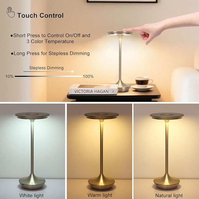 LED Cordless Table Lamp Rechargeable,Portable 6000mAh Battery Outdoor Bedside Table Lamps,3 Color Stepless Dimming Touch Battery Powered Lamp, Table Light for Restaurant/Patio/Camping/Bedroom(Silver)