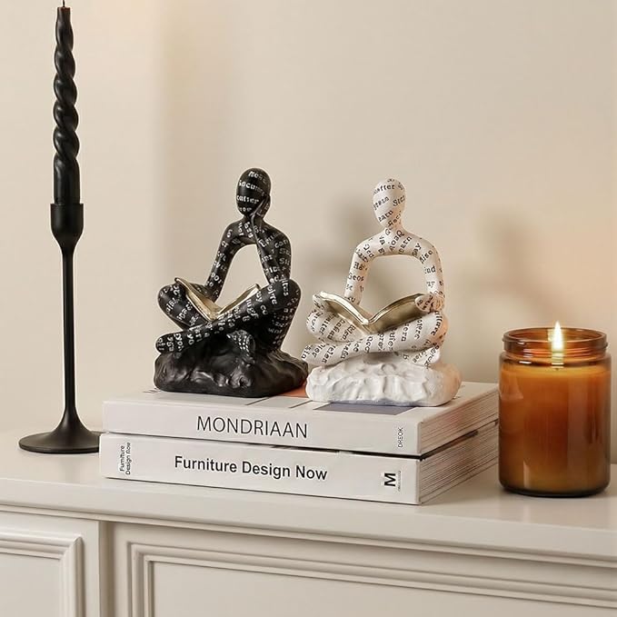 Book Ends for Heavy Books Set of 2, Modern Abstract Thinker Book Ends for Shelves and Desk - Resin with Non-Slip Pads, Bookends for Shelves, Modern Black White Office Decor Bookends