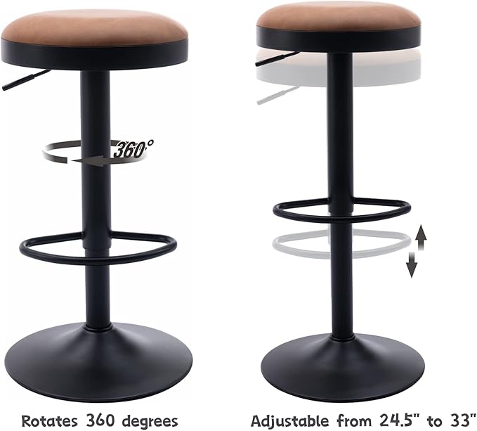 CIMOTA Swivel Round Bar Stools Set of 1 Backless Adjustable Counter Height Barstools Modern Industrial PU Leather Bar Stool Chair for Kitchen/Home Bar/Pub/Bistro/Office, Retro Brown