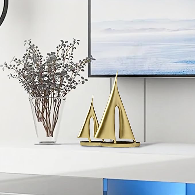 Modern Home Decor Sculpture, Sailboat Decor Abstract Statue, Resin Art Sculptures and Statues, Boat Gifts Home Tabletop Decoration, Living Room, Bathroom, Office, Bookshelf（2 Pack-Gold