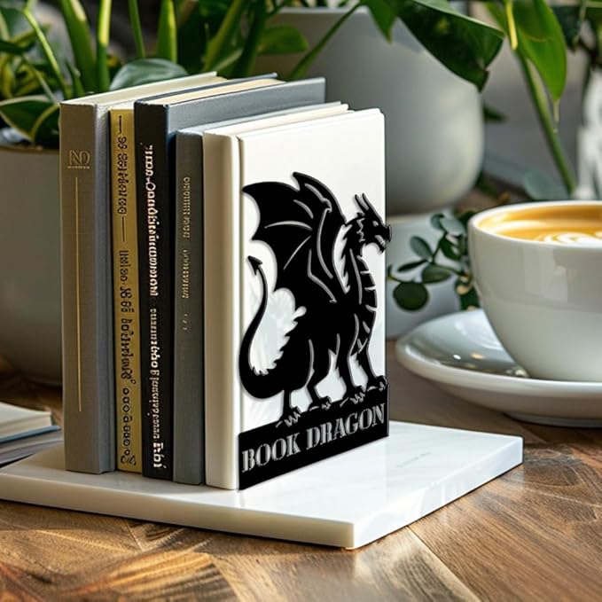 Peacoblue Metal Bookends for Shelves, Modern Decorative Heavy Duty Study Book Ends Stoppers for Office, Desk, Shelf, Room 5.3"x4.3"x6.9" Cast Iron Simple Tall Bookends 1 Pair (Dragon)