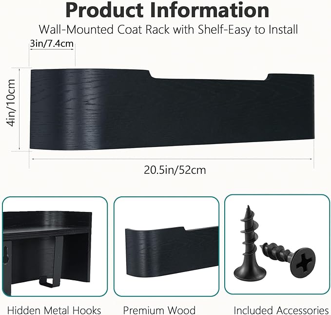 Coat Rack Wall Mount with Shelf 5 Hidden Hooks Modern Wooden Key Holder Entryway Organizer for Hallway Bedroom Bathroom Home Decor Storage for Hanging Coats Hats Bags Towels, Black
