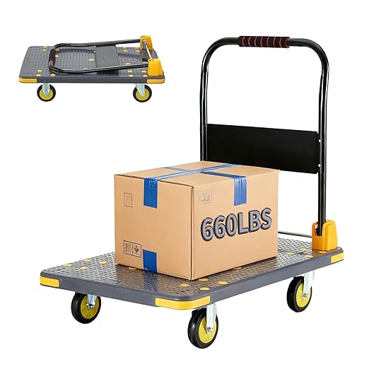 Push Cart Dolly - Foldable Heavy - Duty Flatbed Platform Cart with 360 - Degree Rotating Wheels for Moving in Food Truck and Trailer, Load Capacity 660 lbs, Black Gray