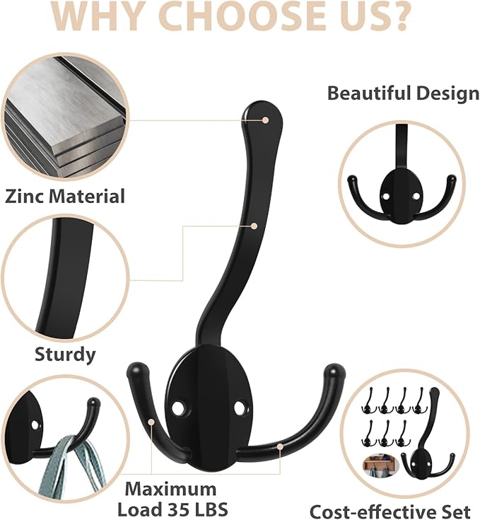 8 Pack Coat Hooks Heavy Duty, Metal Three Prongs Large Coat Hooks Wall Mounted with 16 Screws, No Rust Black Rustic Wall Hooks for Hanging Towel, Coat, Scarf, Bag, Hat, Cup, Key