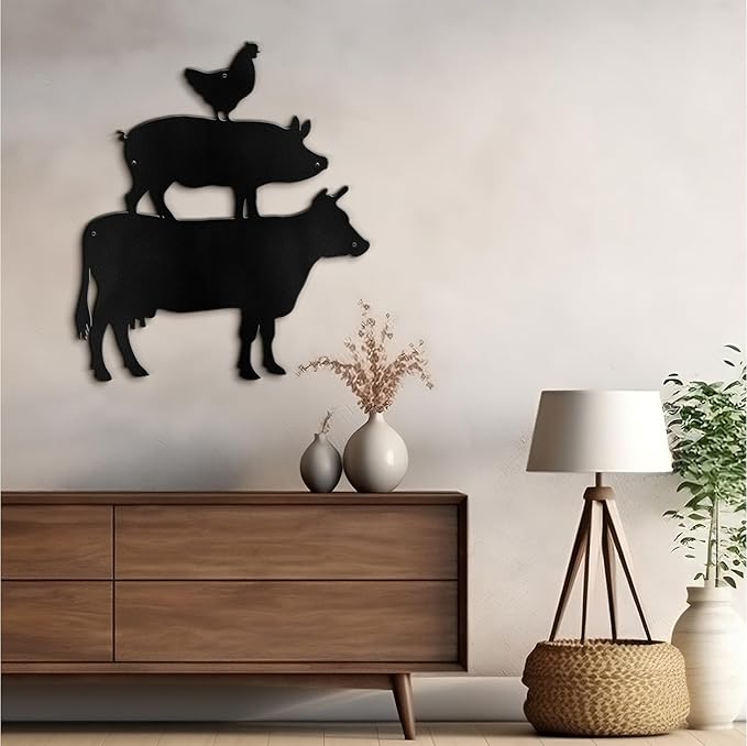 SIGNLEADER Metal Wall Art Decor Chicken, Pig, Cow Minimalist Modern Abstract Wall Sculpture Hangings Home Decoration for Living Room, Bedroom, Bathroom, Kitchen, Outdoor - 18" Black