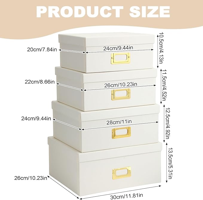Eaasty Set of 4 Decorative Storage Boxes with Lids, Kraft Paper Boxes with Gold Label Holders, Decorative Photo Memory Keepsakes Storage, Cardboard Organizers for Home Decor, Office Organizing(White)