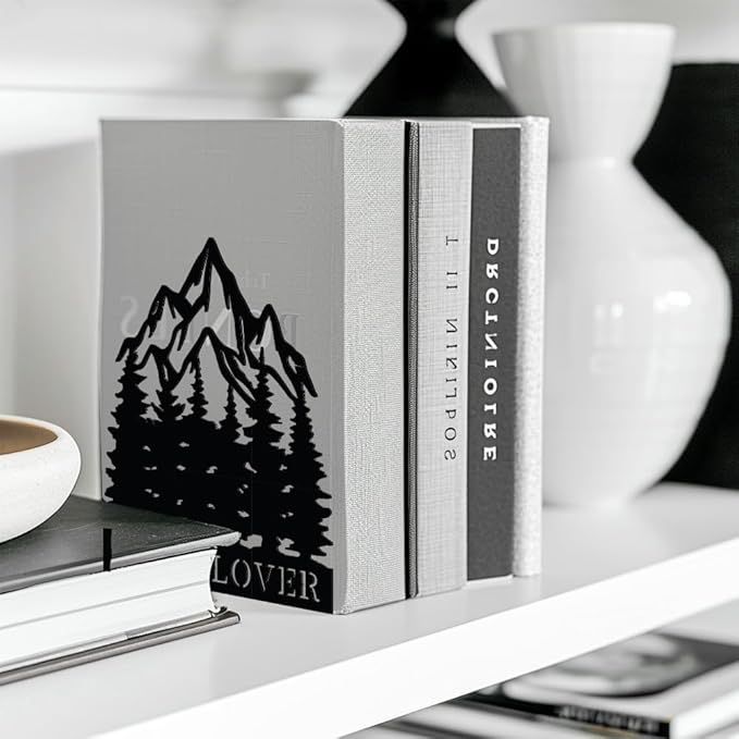 Peacoblue Metal Bookends for Shelves, Modern Decorative Heavy Duty Study Book Support Stoppers for Office, Desk, Shelf, Room 5.3"x4.3"x6.3" Cast Iron Simple Bookends, 1 Pair (Mountains and Forests)