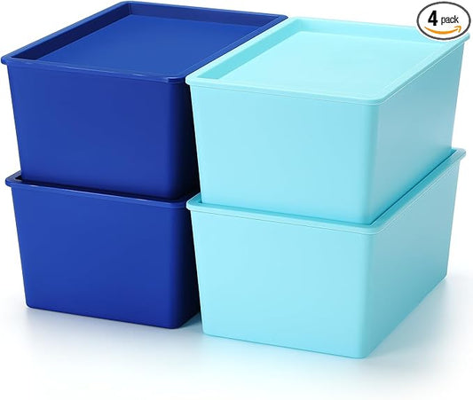 Menkxi 4 Pcs Storage Bins with Lids Plastic Stackable Containers for Organizing Shelves Christmas Ornament Box Baskets(Dark Blue, Light Blue,Large)