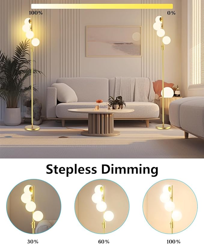Lightdot 64IN Dimmable (Brightness Adjustable) Globe Floor Lamp, Modern Gold Standing Lamps with 4PCS 3000K G9 Bulbs Soft Warm White Eye Care, Mid Century Floor Lamp for Living Room Bedroom