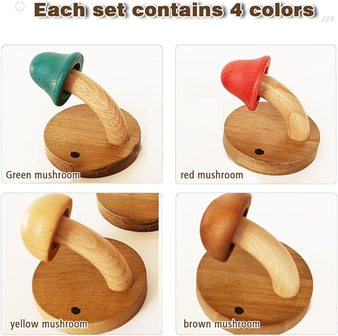 Wooden Mushroom Coat Hooks, Mushroom-Shaped Coat Hangers, Wall Mounted Towel Hanger, Solid Wood, Colorful, Set of Hooks with Screws (4 Hooks & 8 Screws)